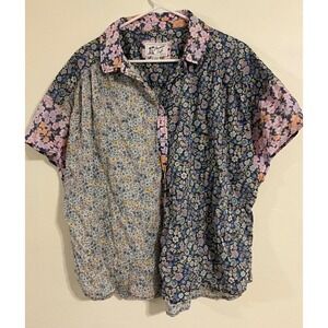 American Eagle Women's XL Floral Patchwork Short Sleeve Button Up Shirt